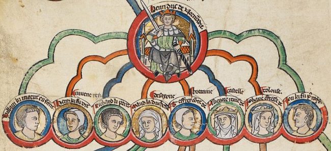 A 13th-century depiction of Henry II and his children, left to right: William, Henry, Richard, Matilda, Geoffrey, Eleanor, Joan and John.